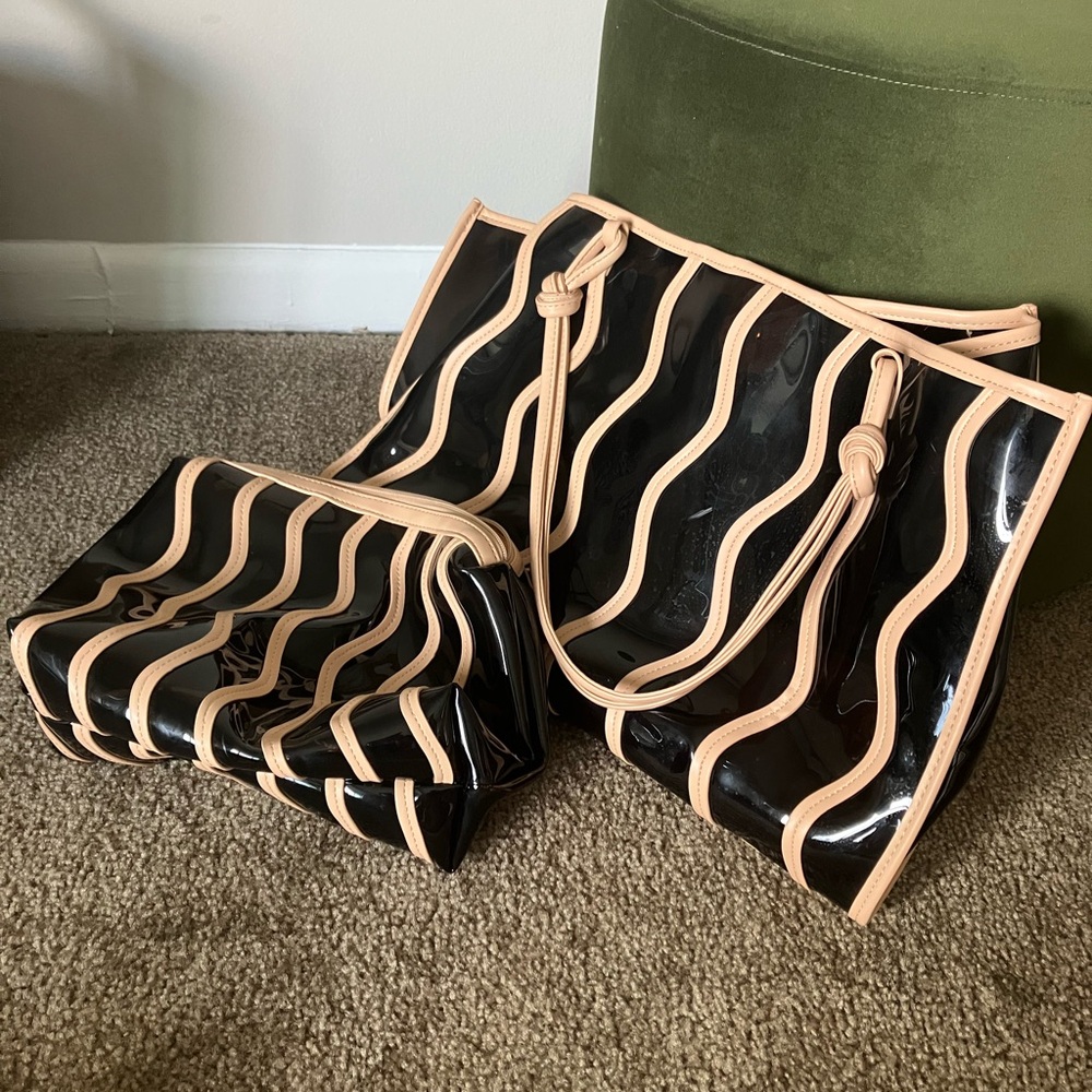 Anthropologie Black Clear Tote with Nude Trim and Matching Pouch